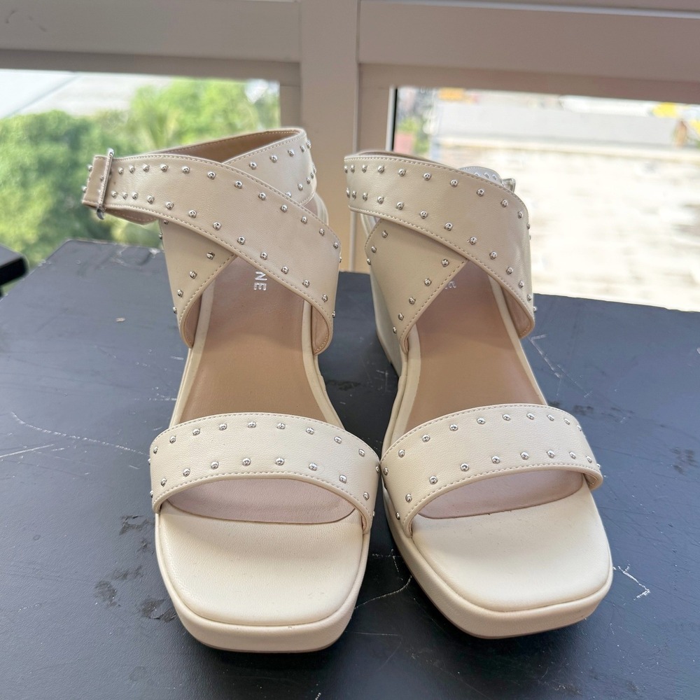 Sun + Stone Cream Wedge Sandal Womens 9M Studded Ankle Strap Square Toe